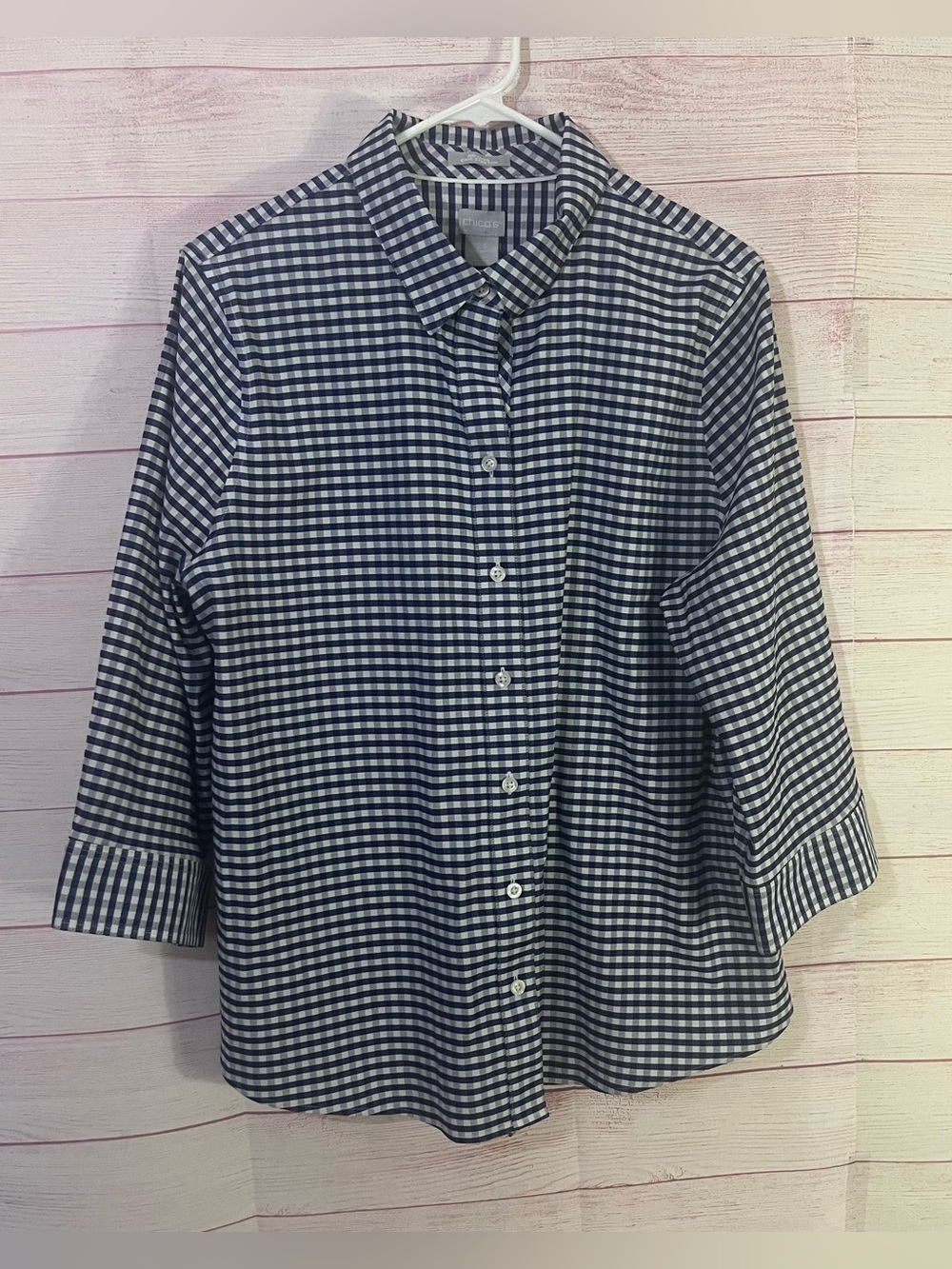 Chico's Blue White Gingham Checkered Button Down 3/4 Sleeves Top Size 2.5 | 14
